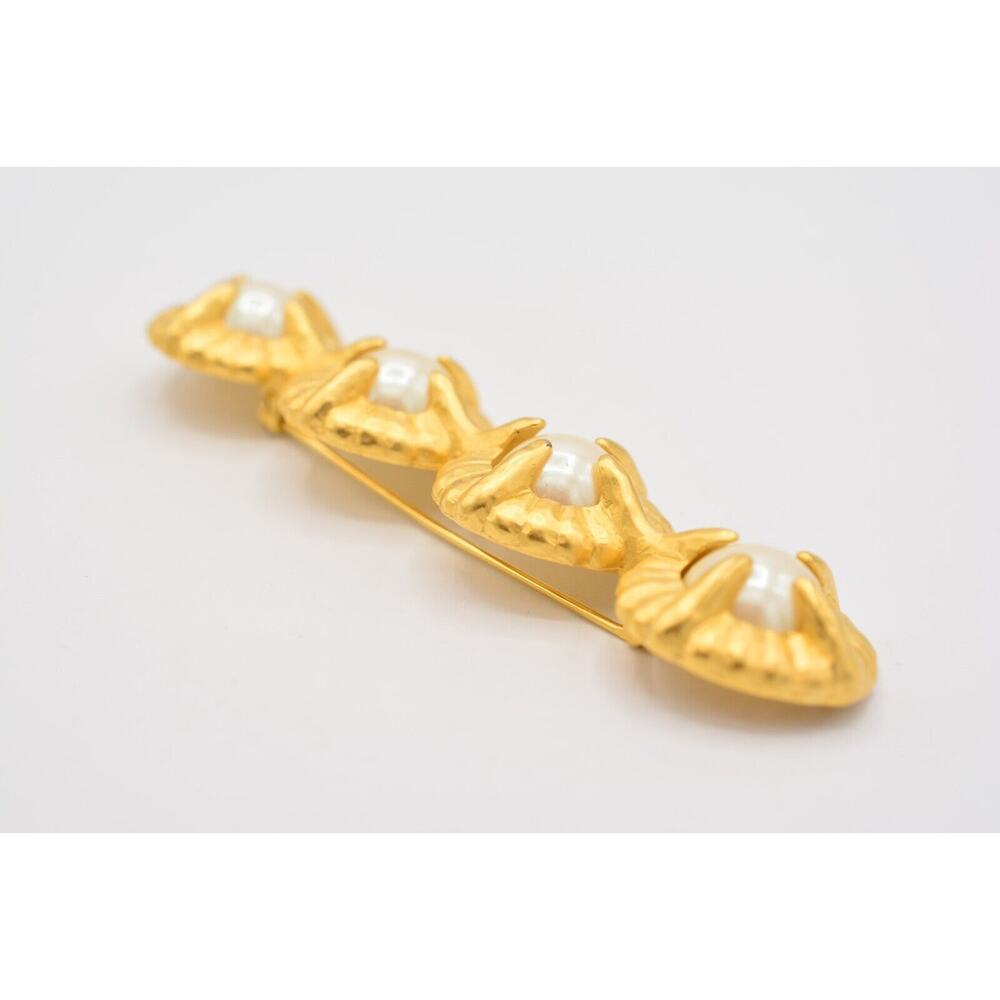 Givenchy Vintage Bar Pin Brooch Pearl Brushed Gold Chunky Runway Signed BinAJ - Picture 8 of 12